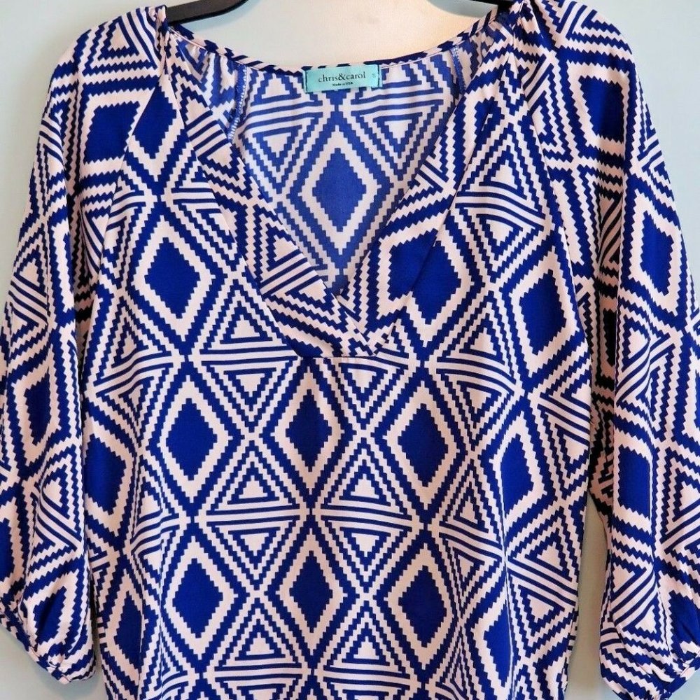 CHRIS & CAROL Deep Purple & Tan V-Neck Hi-Lo Blouse Size S Made in USA - Picture 5 of 7